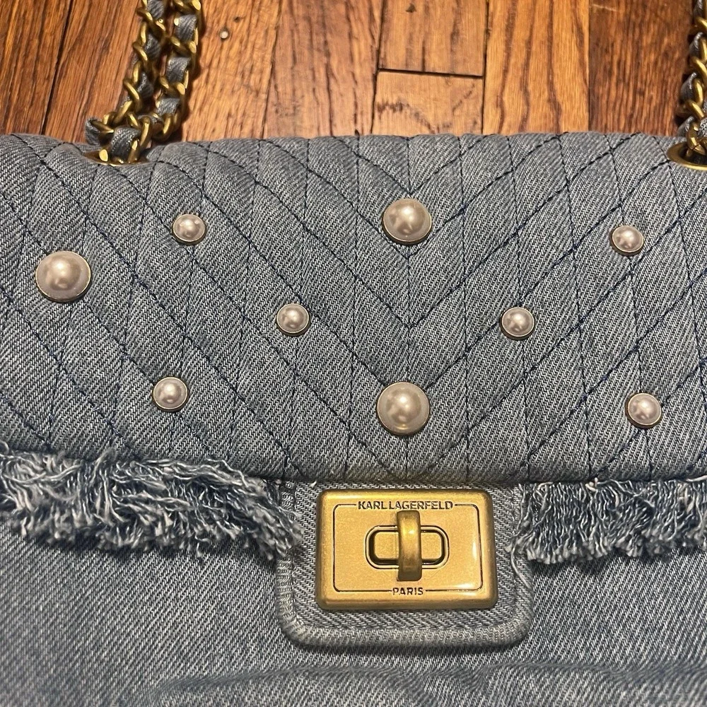 Karl Lagerfeld Paris Denim Shoulder Bag Quilted Pearl Chain Fringe Handbag Blue